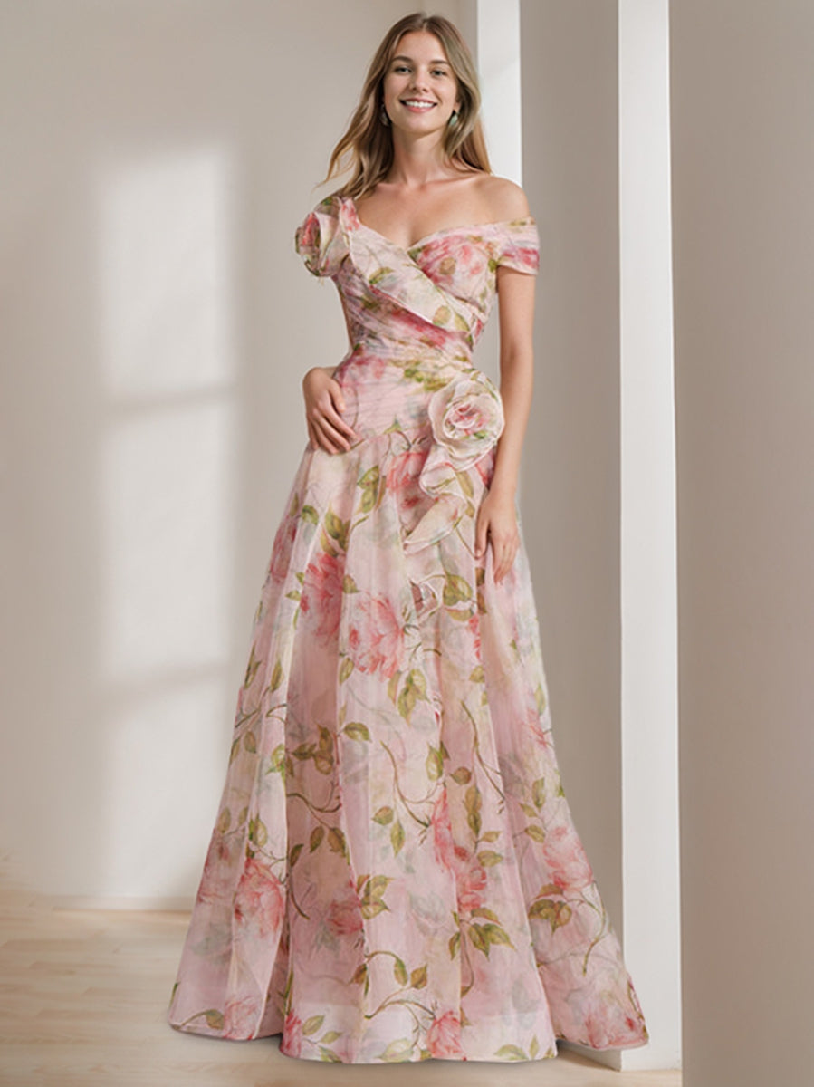 A-Line/Princess Off-the-Shoulder Printed Floral High-End Prom Dresses with Ruffles