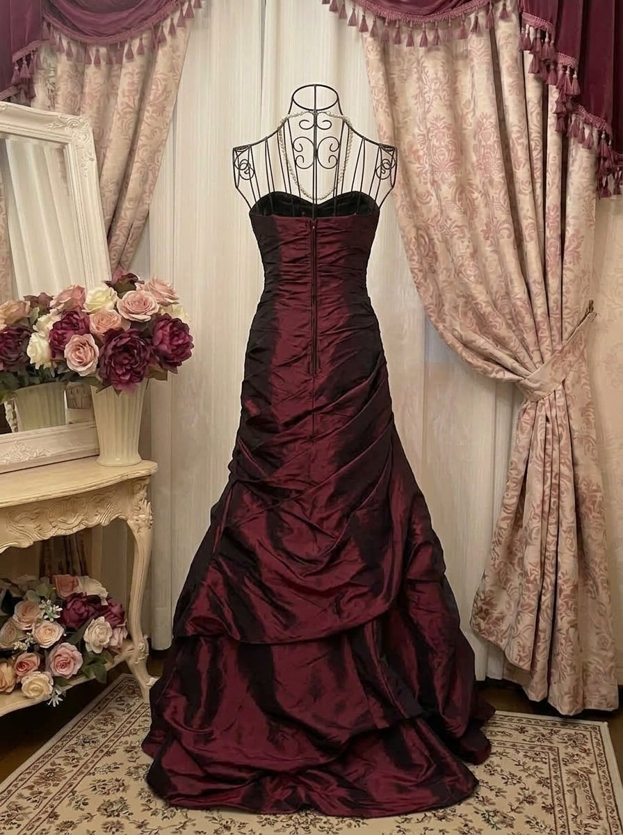 Trumpet/Mermaid Strapless Sleeveless Floor-Length Taffeta Prom Dresses with Sequins &amp; Ruffles