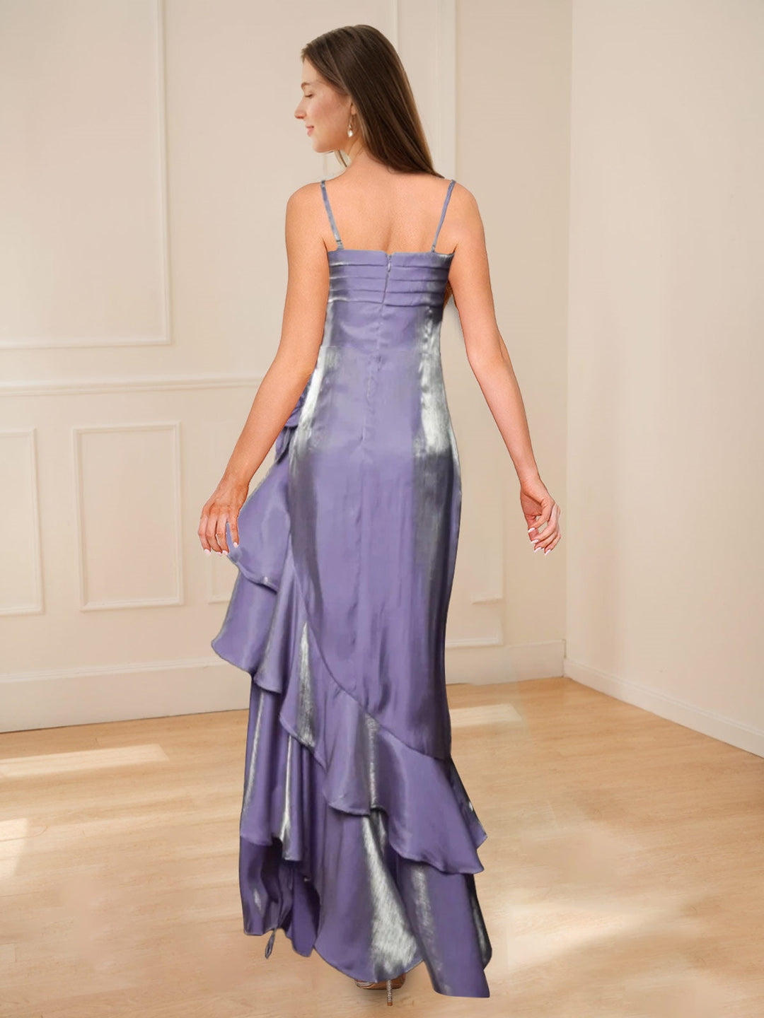 A-Line/Princess Spaghetti Straps Ruched Asymmetrical Vintage Prom Dresses with Ruffles & 3D Flower