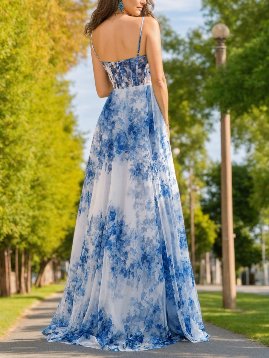 A-Line/Princess Spaghetti Straps Ruched Floor-Length Printed Floral Prom Dresses with Side Slit & Pockets