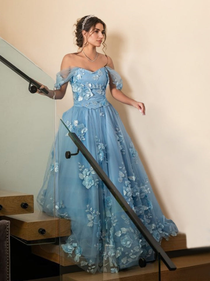 A-Line/Princess Off-The-Shoulder Ruched Floor-length Prom Dresses with Floral Appliques