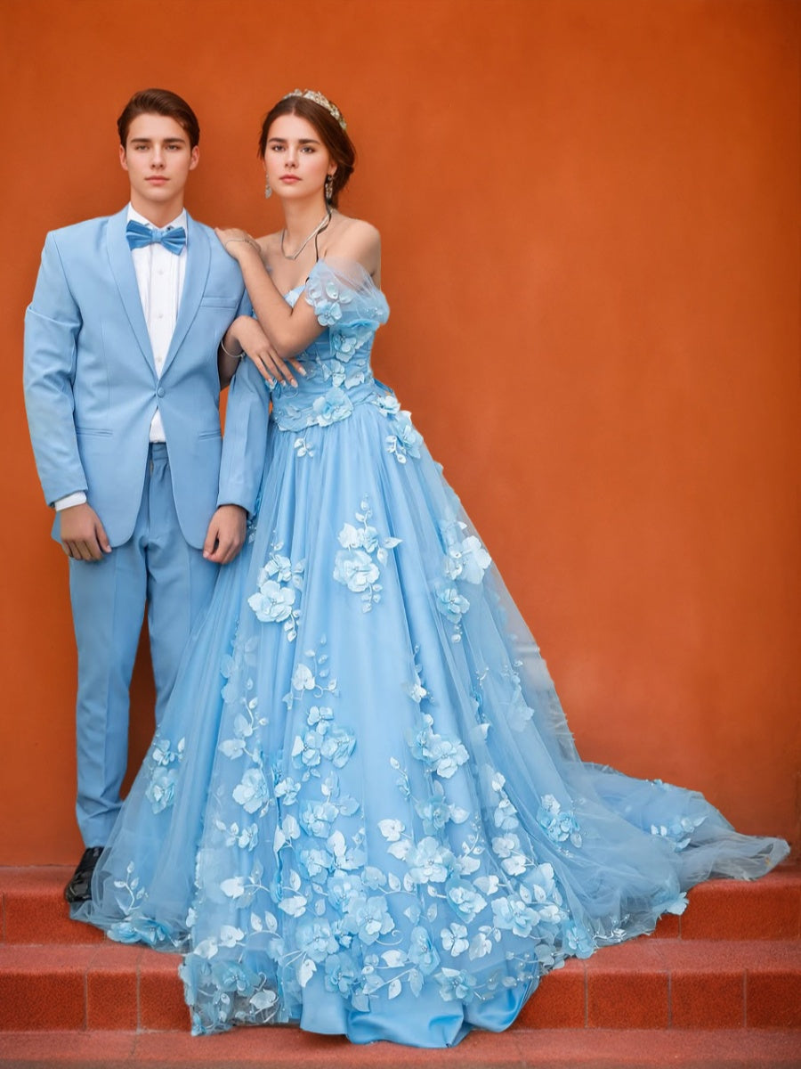 A-Line/Princess Off-The-Shoulder Ruched Floor-length Prom Dresses with Floral Appliques
