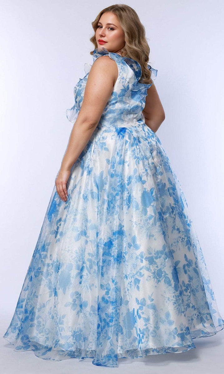 A-Line/Princess V-Neck Sleeveless Printed Floral Plus Size Prom Dresses with Ruffles