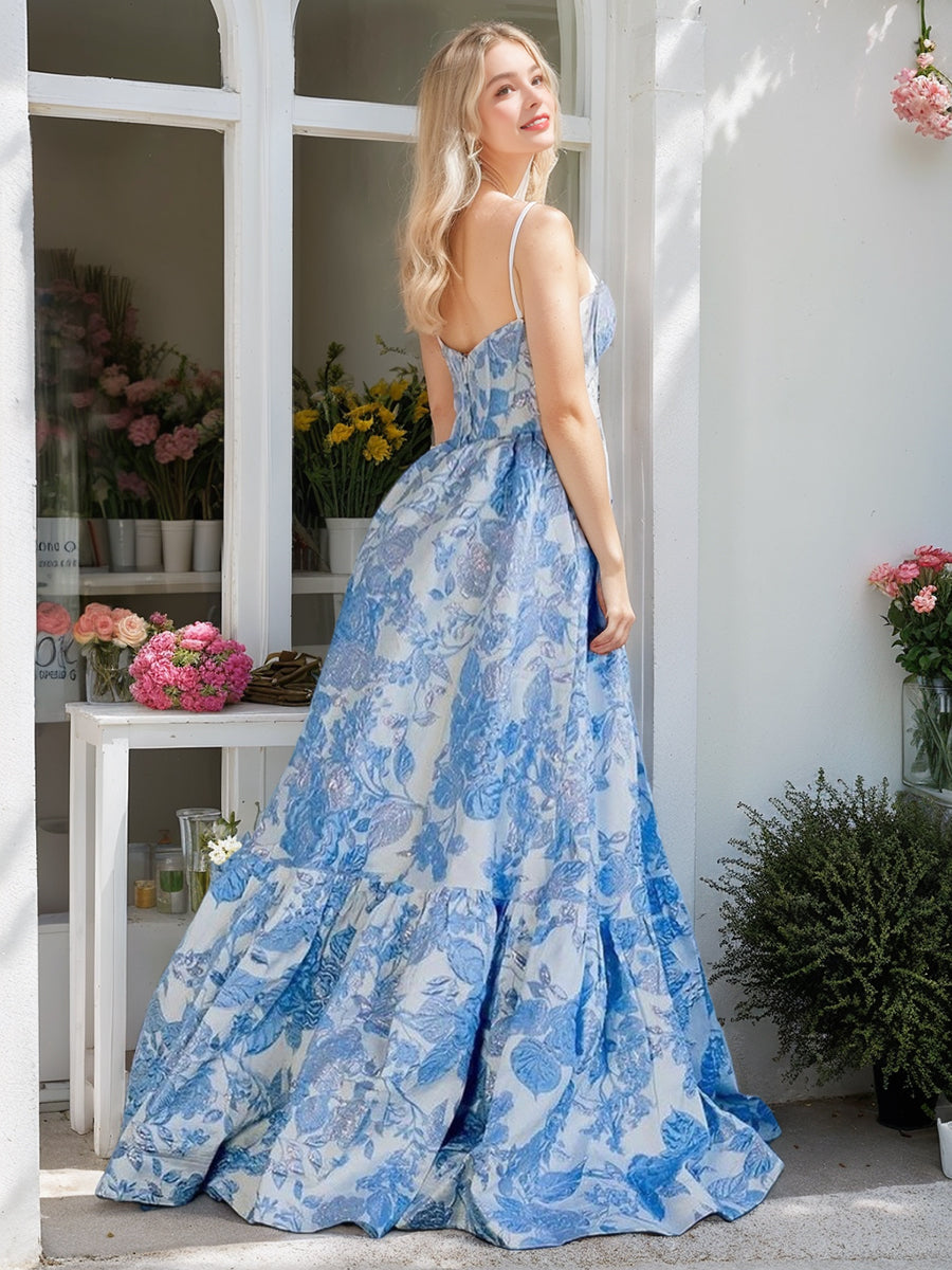 A-Line/Princess Spaghetti Straps Floor-Length Printed Floral Prom Dresses with Lace-Up & Appliques