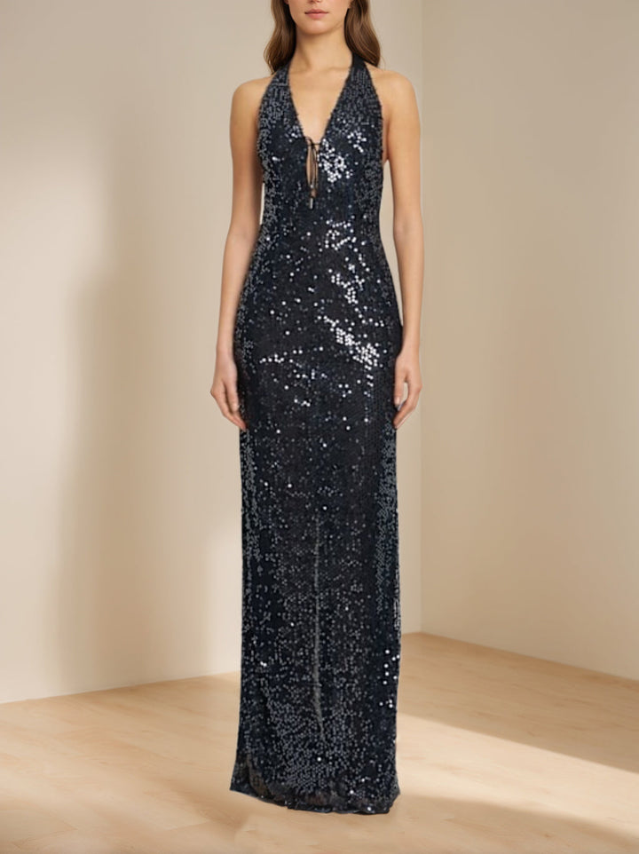Sheath/Column Sleeveless Floor-Length Backless Prom Dresses with Self-tie & Sequins