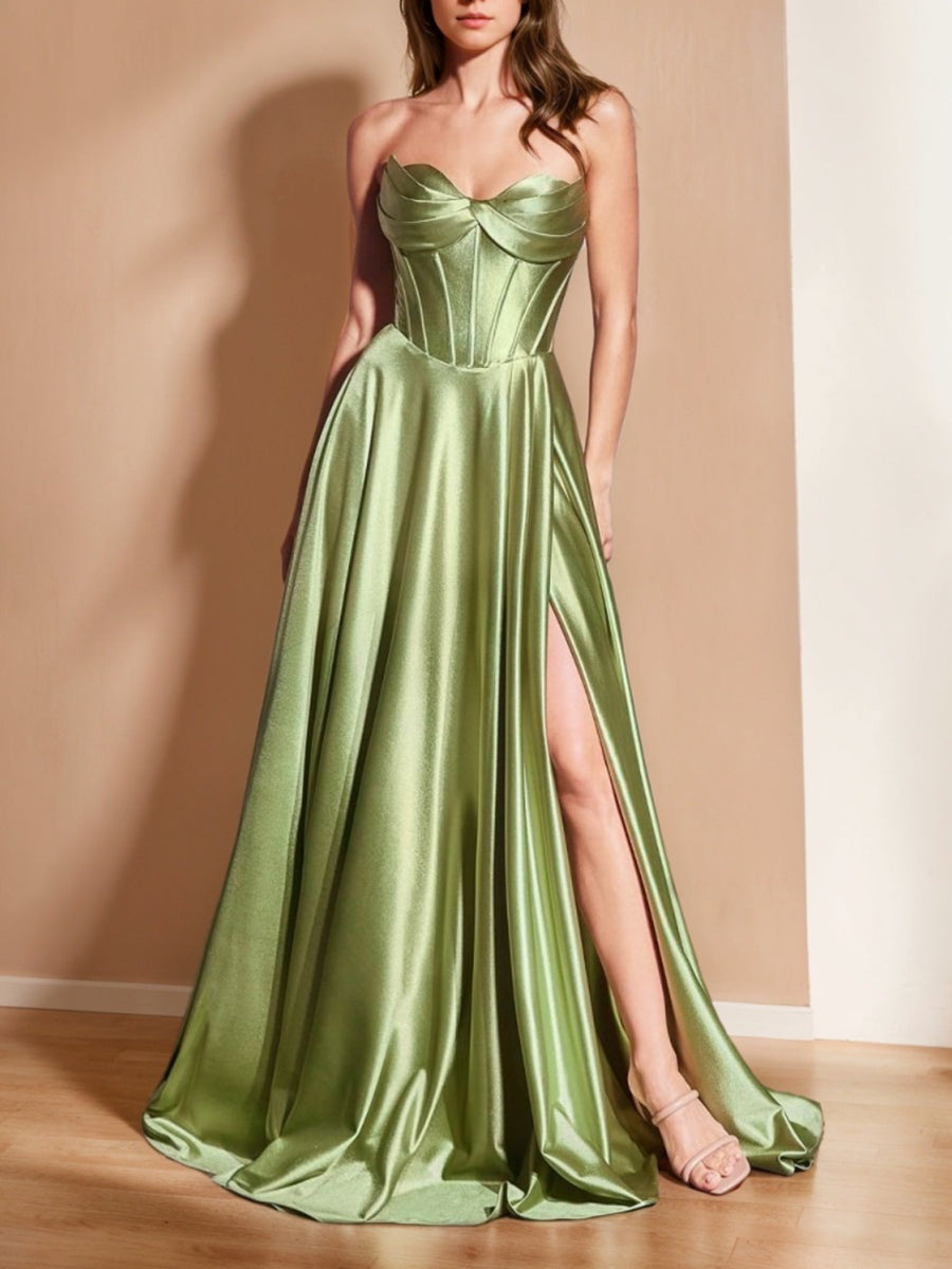 A-Line/Princess Strapless Sweetheart Sleeveless Prom Dresses with Ruffle & Split Front