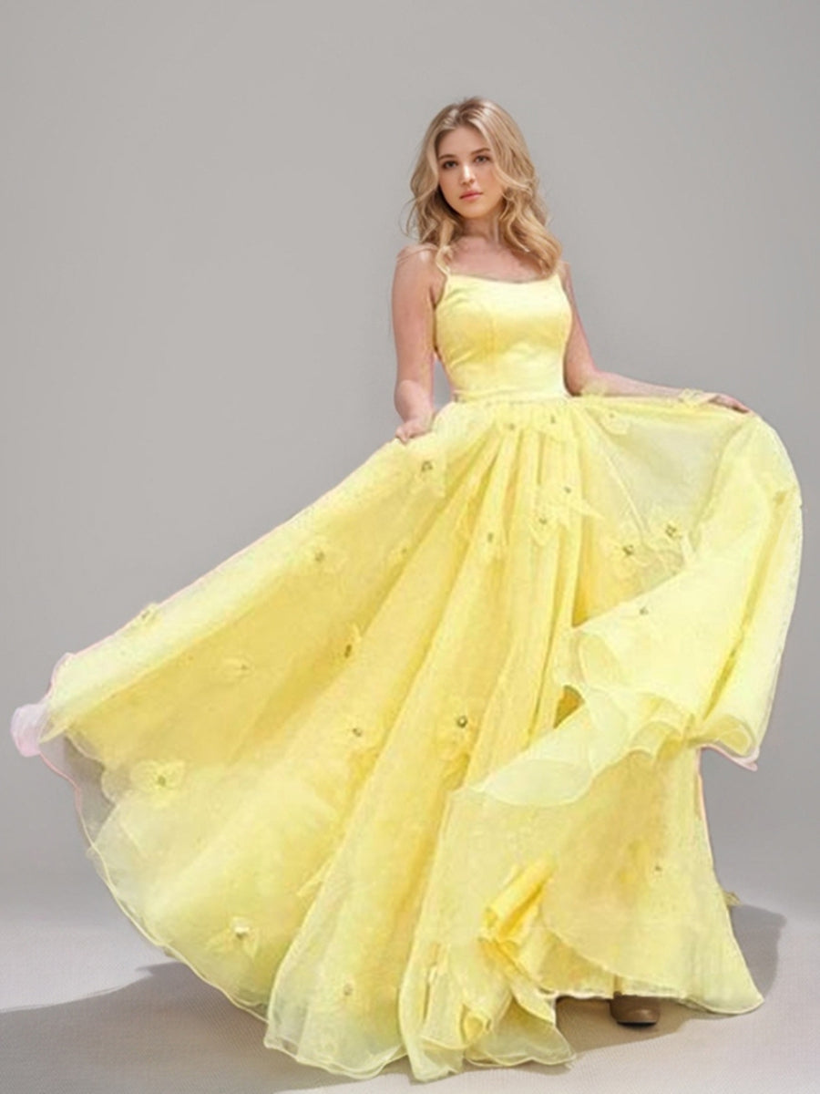 A-Line/Princess Spaghetti Straps Sleeveless Floor-Length Lace-up Back Prom Dresses with 3D Flowers