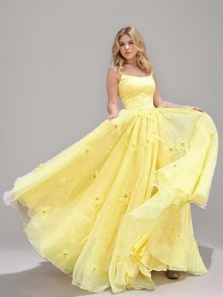 A-Line/Princess Spaghetti Straps Sleeveless Floor-Length Lace-up Back Prom Dresses with 3D Flowers