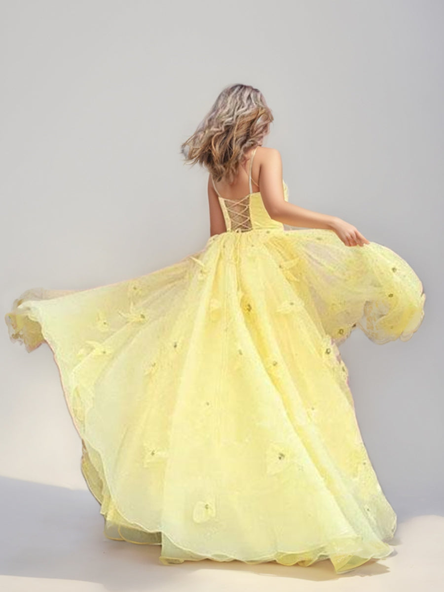 A-Line/Princess Spaghetti Straps Sleeveless Floor-Length Lace-up Back Prom Dresses with 3D Flowers