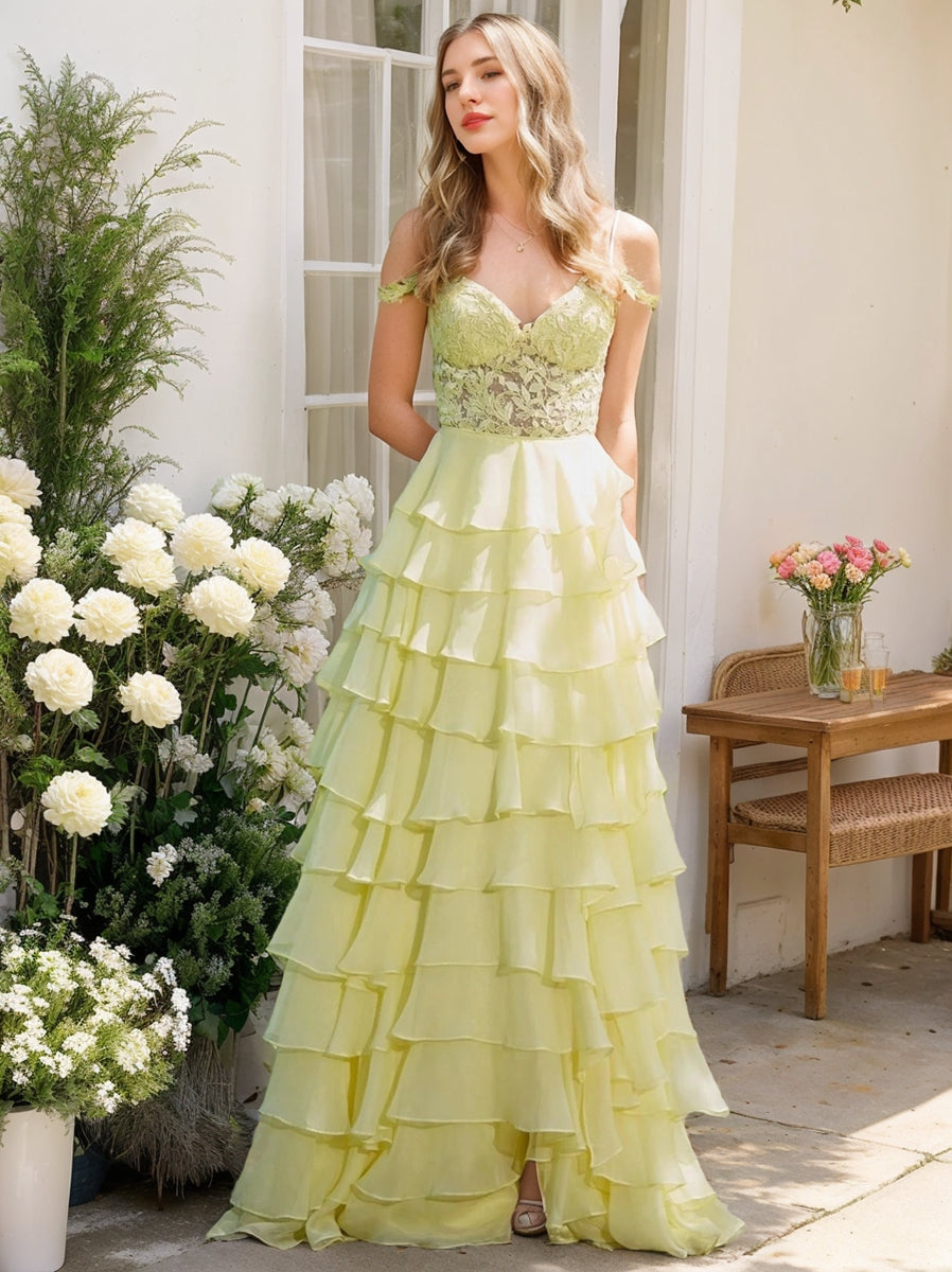A-Line/Princess Off-the-Shoulder Romantic Prom Dresses with Ruffles & Side Slit & Appliques