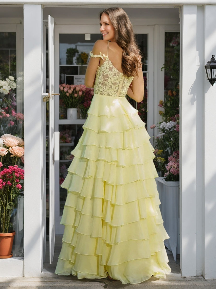 A-Line/Princess Off-the-Shoulder Romantic Prom Dresses with Ruffles & Side Slit & Appliques