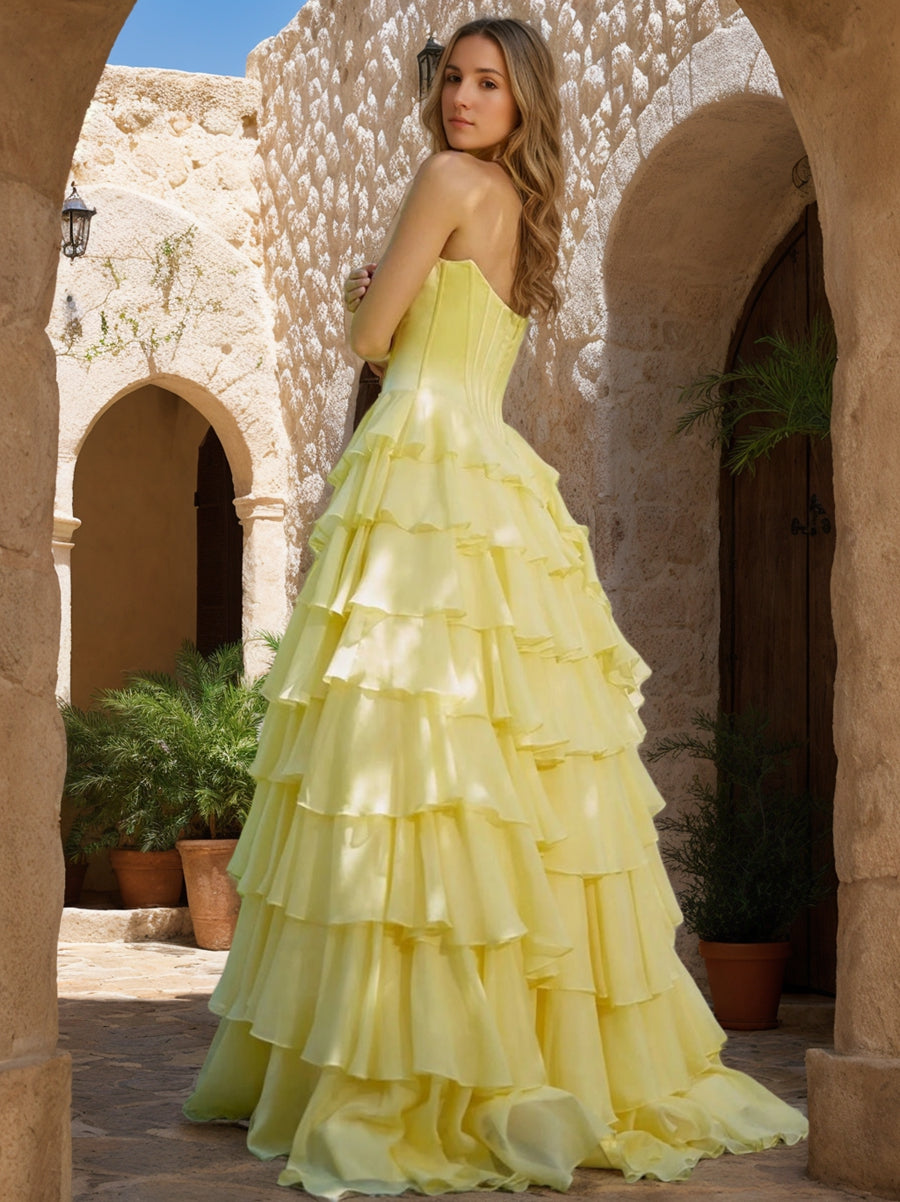 A-Line/Princess Strapless Ruched Backless Prom Dresses with Ruffles & High Split & Embroidery