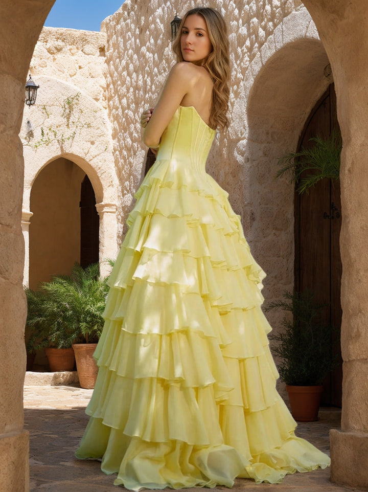 A-Line/Princess Strapless Ruched Backless Prom Dresses with Ruffles & High Split & Embroidery