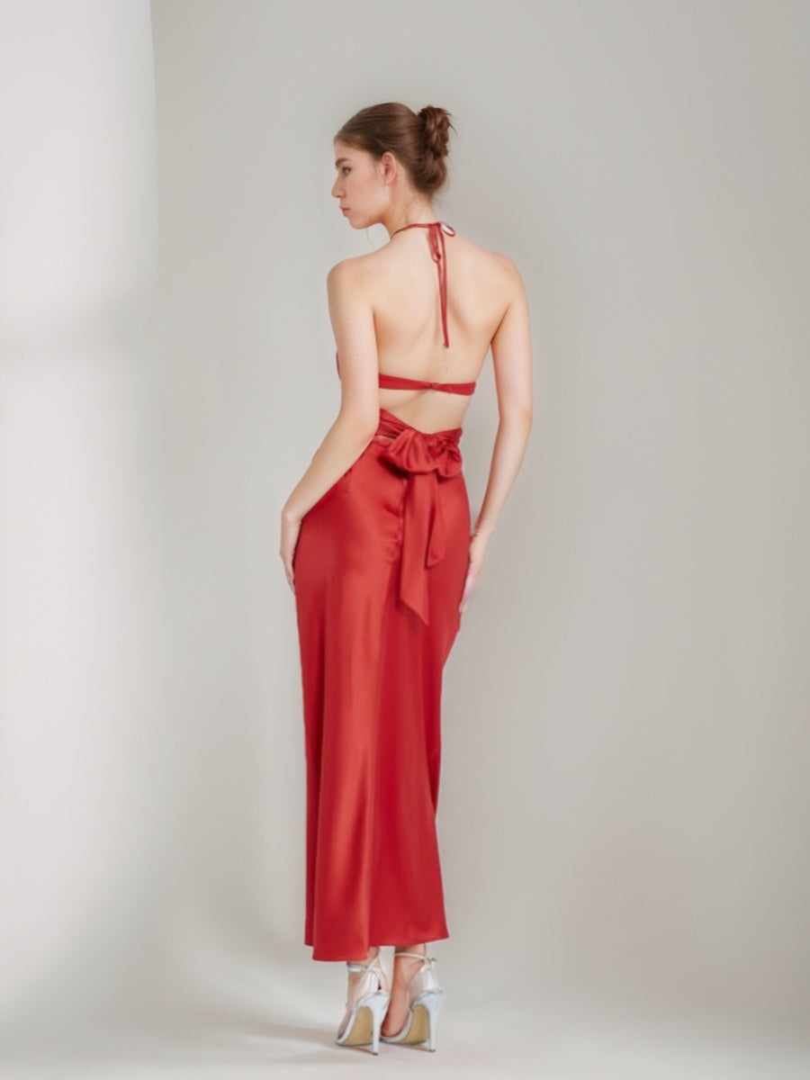 Sheath/Column Hollow Halter Ankle-Length Elegant Prom Dresses with Self-tie & Ribbon