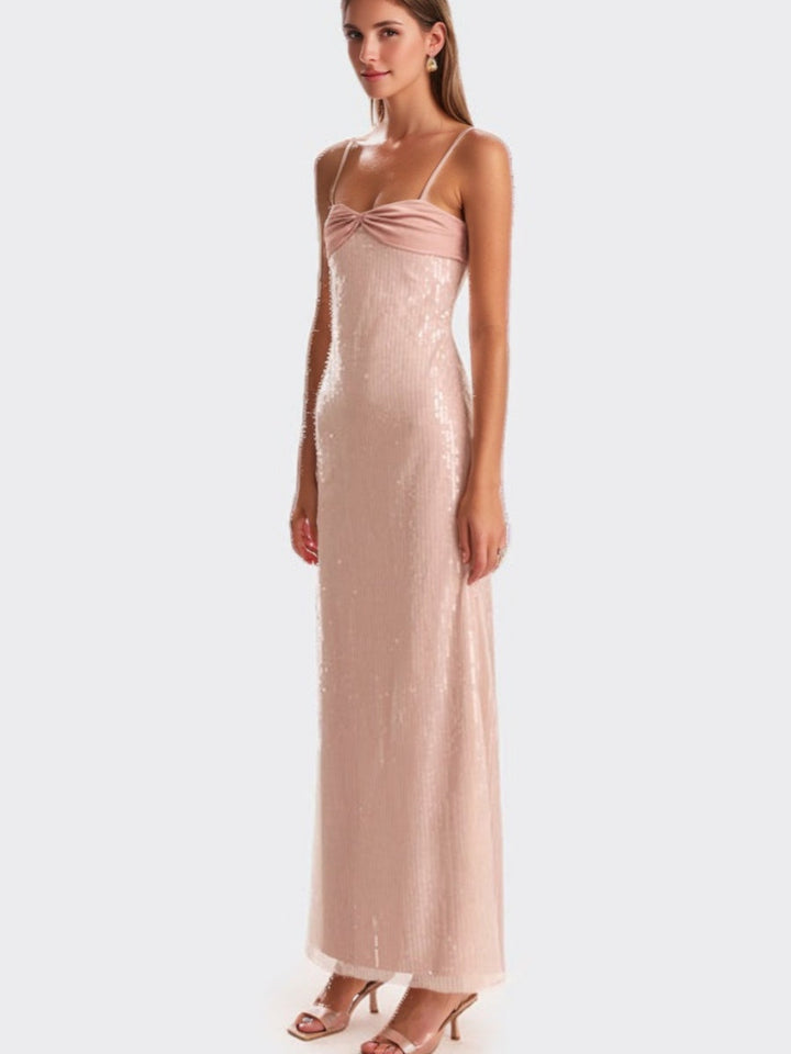 Sheath/Column Spaghetti Straps Ruched Backless Ankle-Length Prom Dresses with Sequins