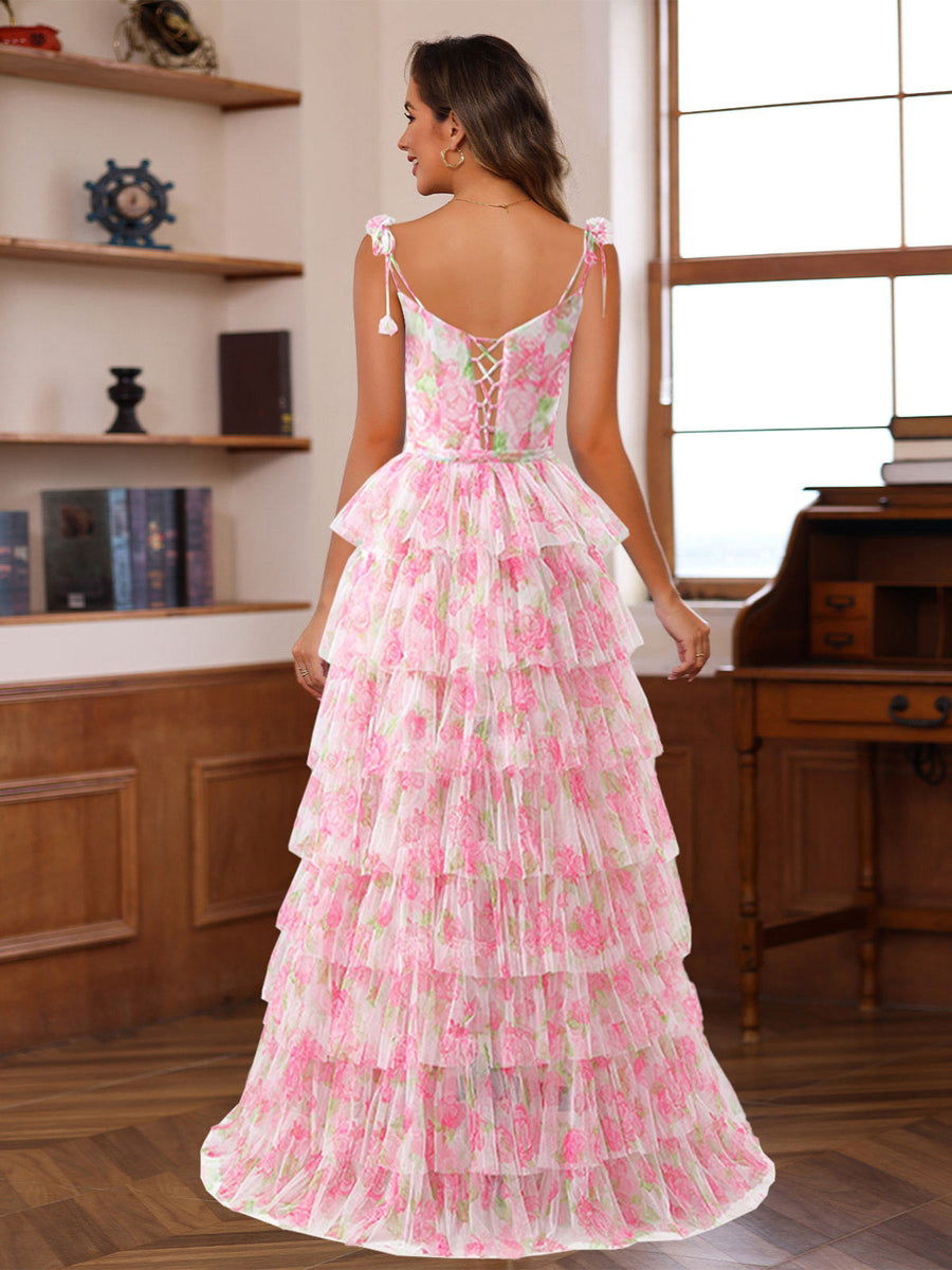 Ball Gown Spaghetti Straps Sleeveless Printed Floral Prom Dresses with Ruffles & Lace-Up