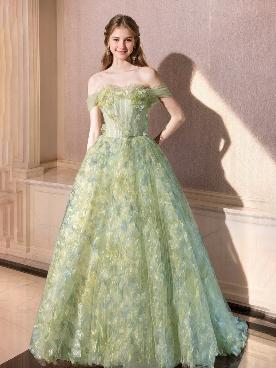 Ball Gown Off-the-Shoulder Sleeveless Elegant Prom Dresses with Ruffles & Embroidery Ball Gown Off-the-Shoulder Sleeveless Elegant Prom Dresses with Ruffles & Embroidery