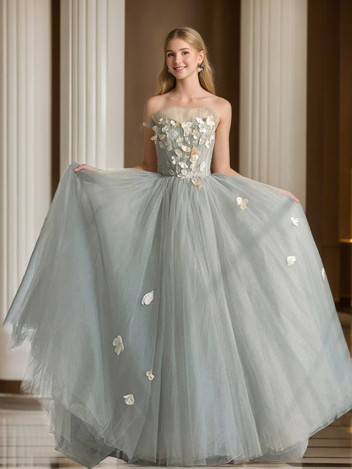 A-Line/Princess Sweetheart Sleeveless Tulle Pleated Prom Dresses with Embroidery