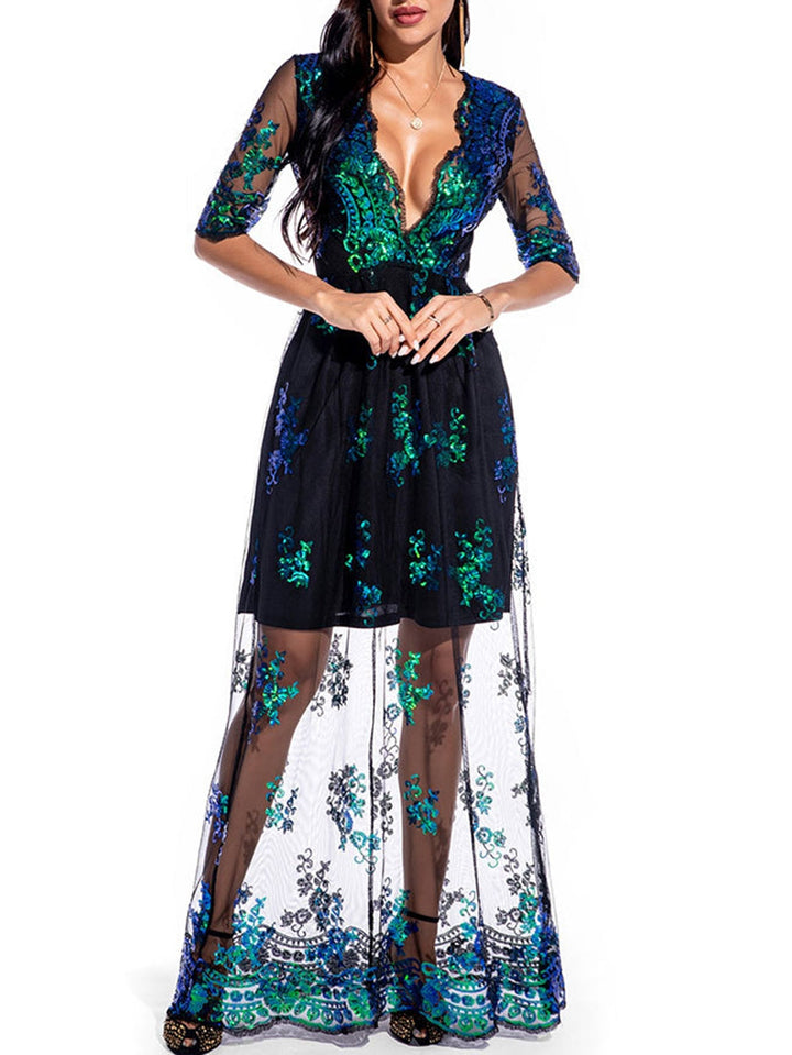 A-Line/Princess V-Neck 1/2 Sleeves Sexy Prom Dresses with Lace Appliques