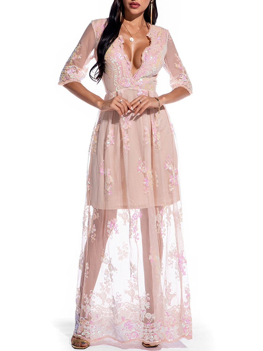 A-Line/Princess V-Neck 1/2 Sleeves Sexy Prom Dresses with Lace Appliques