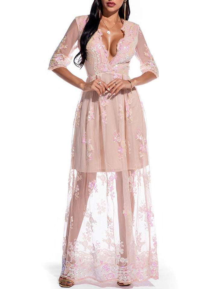 A-Line/Princess V-Neck 1/2 Sleeves Sexy Prom Dresses with Lace Appliques