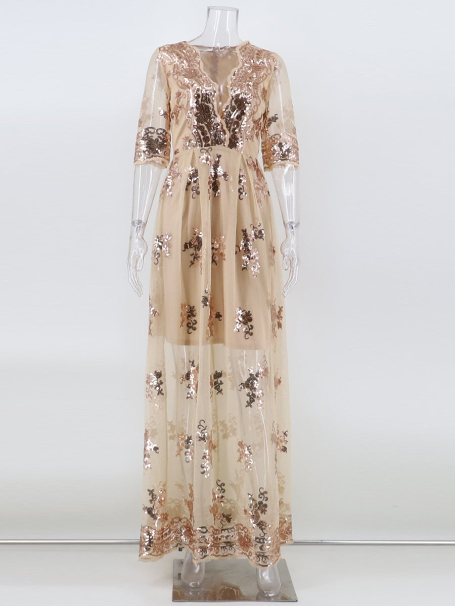 A-Line/Princess V-Neck 1/2 Sleeves Sexy Prom Dresses with Lace Appliques