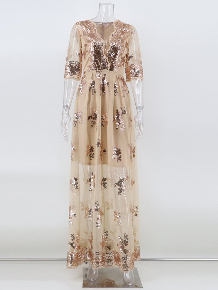 A-Line/Princess V-Neck 1/2 Sleeves Sexy Prom Dresses with Lace Appliques