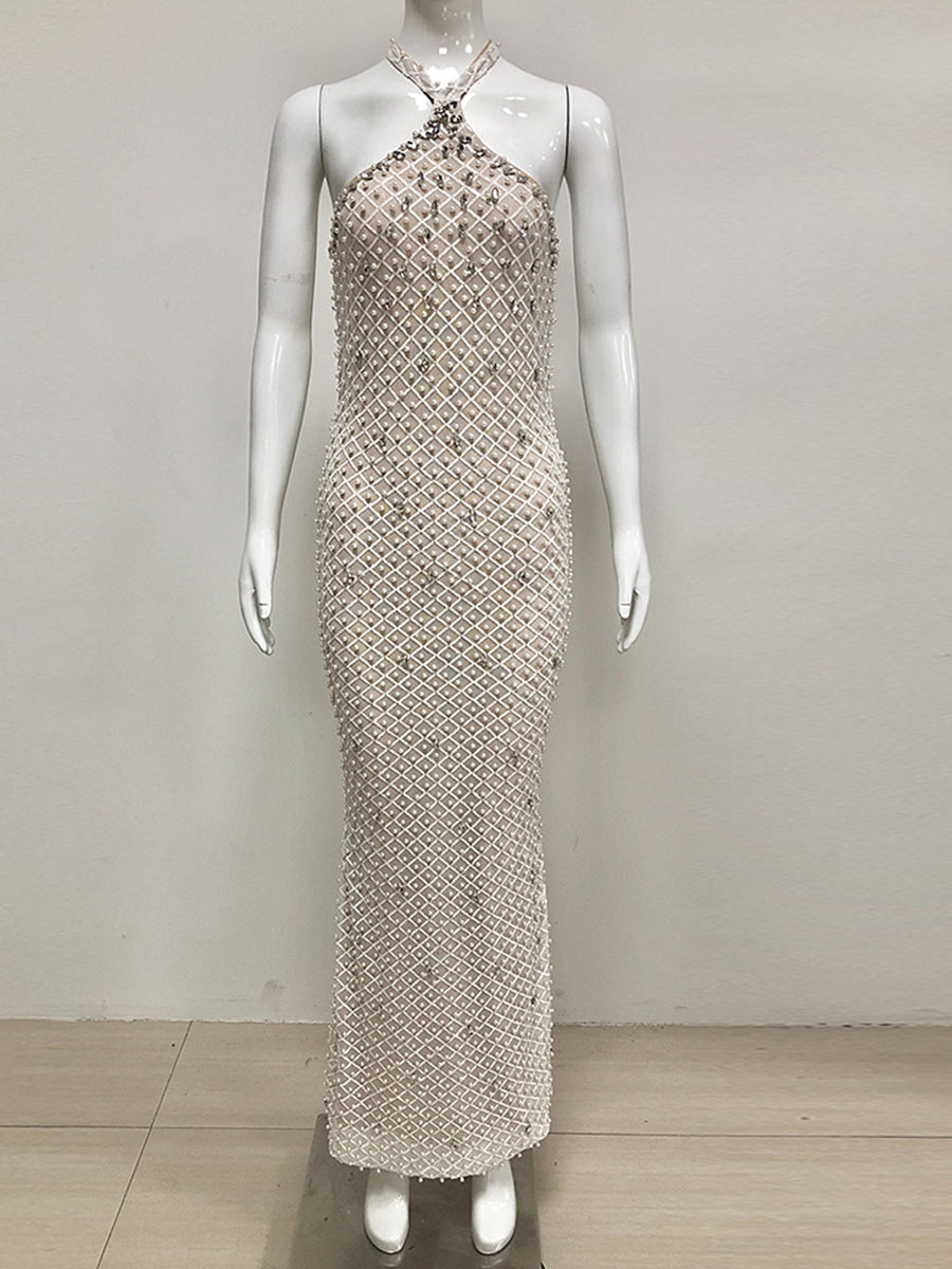 Sheath/Column Halter Sleeveless Elegant Sequined Prom Dresses with Pearl & Back Split