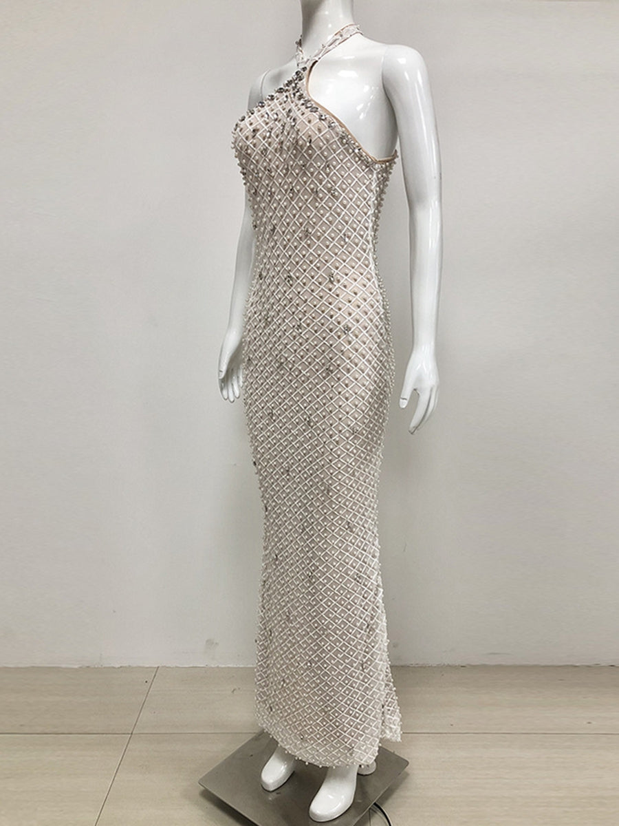 Sheath/Column Halter Sleeveless Elegant Sequined Prom Dresses with Pearl & Back Split