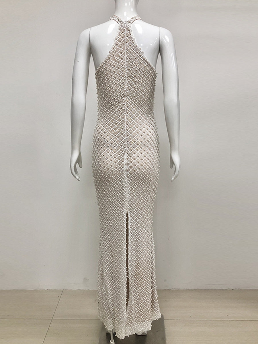 Sheath/Column Halter Sleeveless Elegant Sequined Prom Dresses with Pearl & Back Split