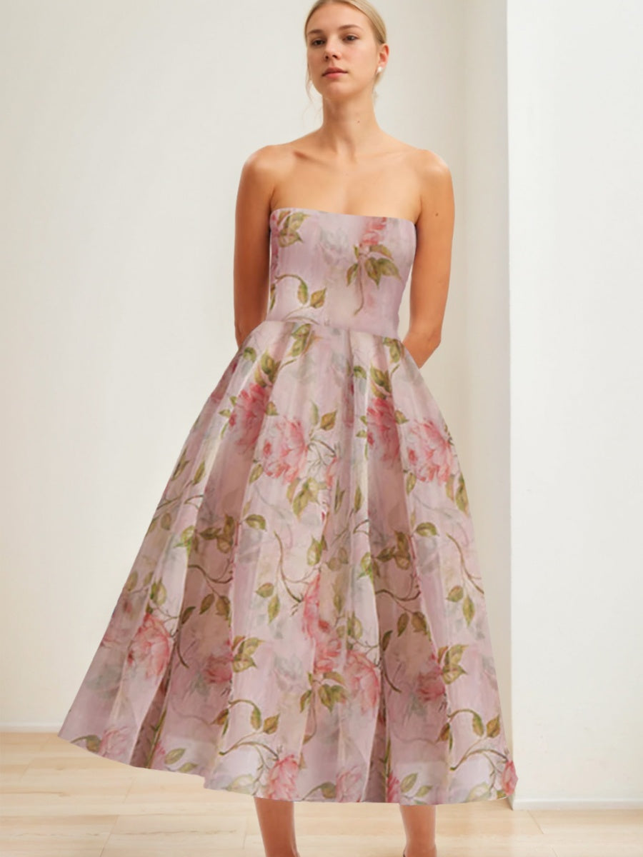 A-Line/Princess Strapless Tea-Length Printed Floral Elegant Prom Dresses