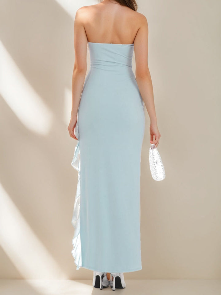 Sheath/Column Strapless Ankle-Length Prom Dresses with High Side Slit & Ruffles