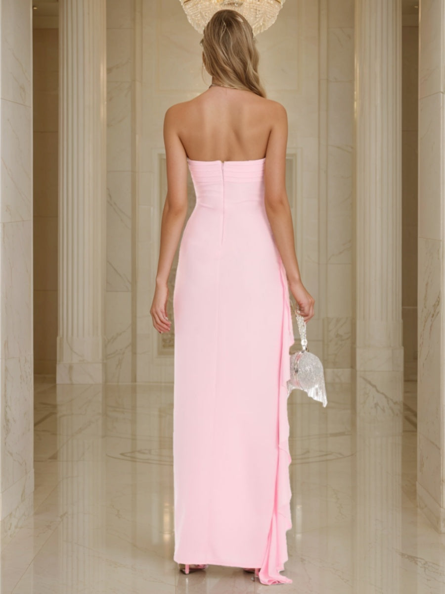 Sheath/Column Strapless Ruched Asymmetrical Prom Dresses with Ruffles & High Side Slit