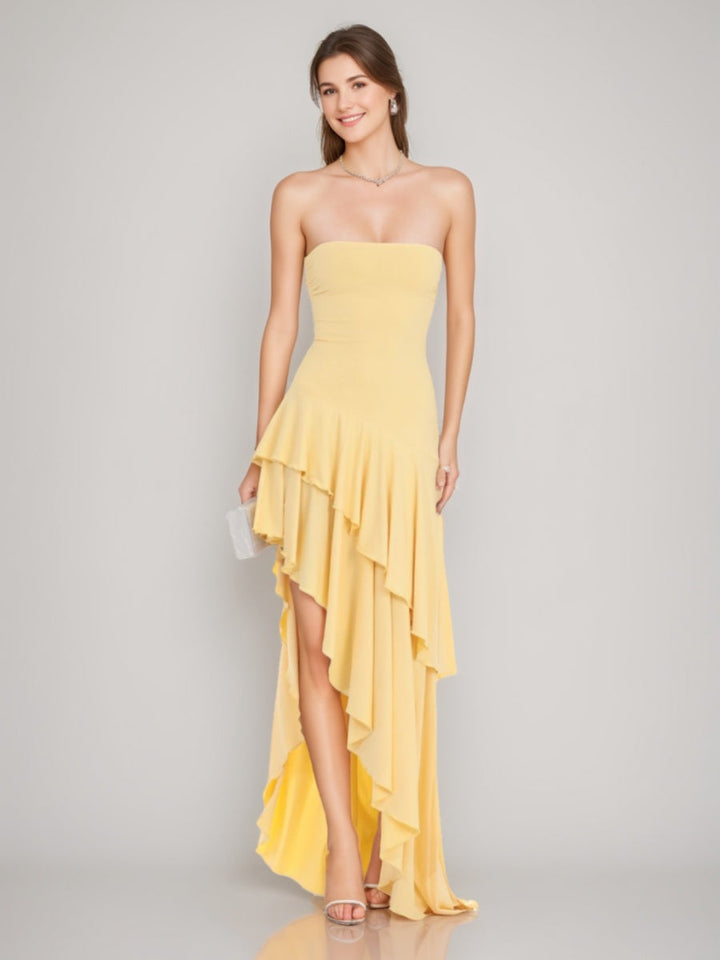 A-Line/Princess Romantic Strapless Asymmetrical Prom Dresses with Ruffles