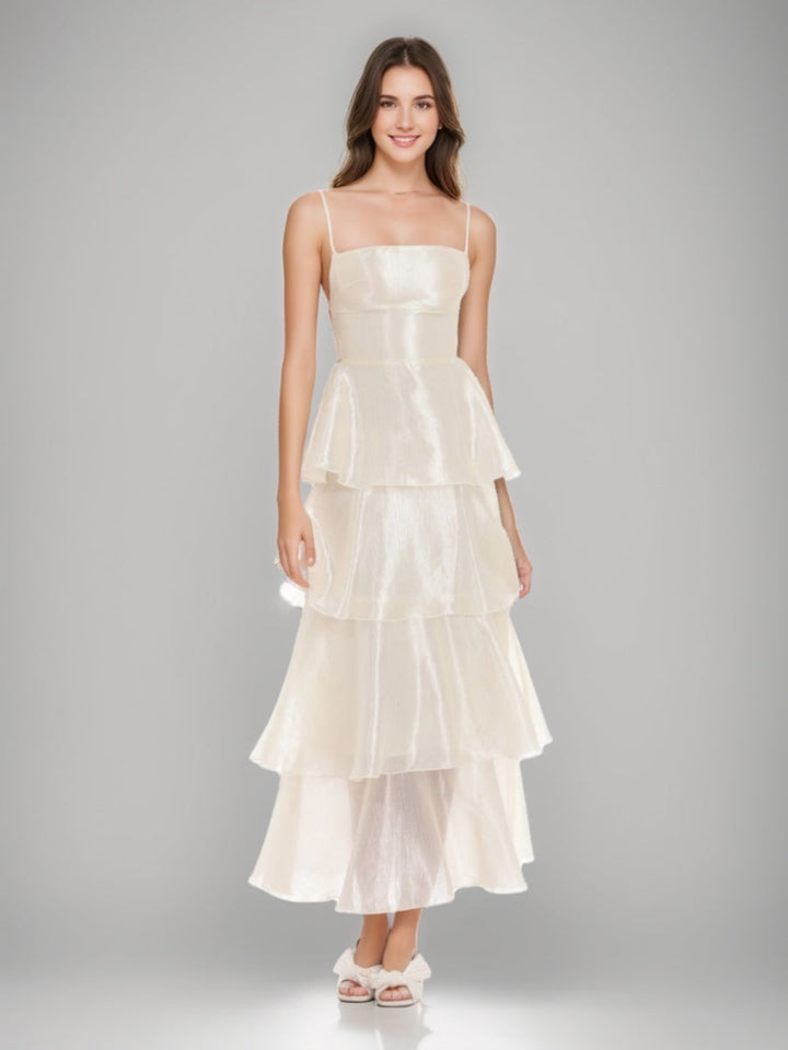 A-Line/Princess Sexy Spaghetti Straps Ankle-Length Prom Dresses with Ruffles & Lace-up Back