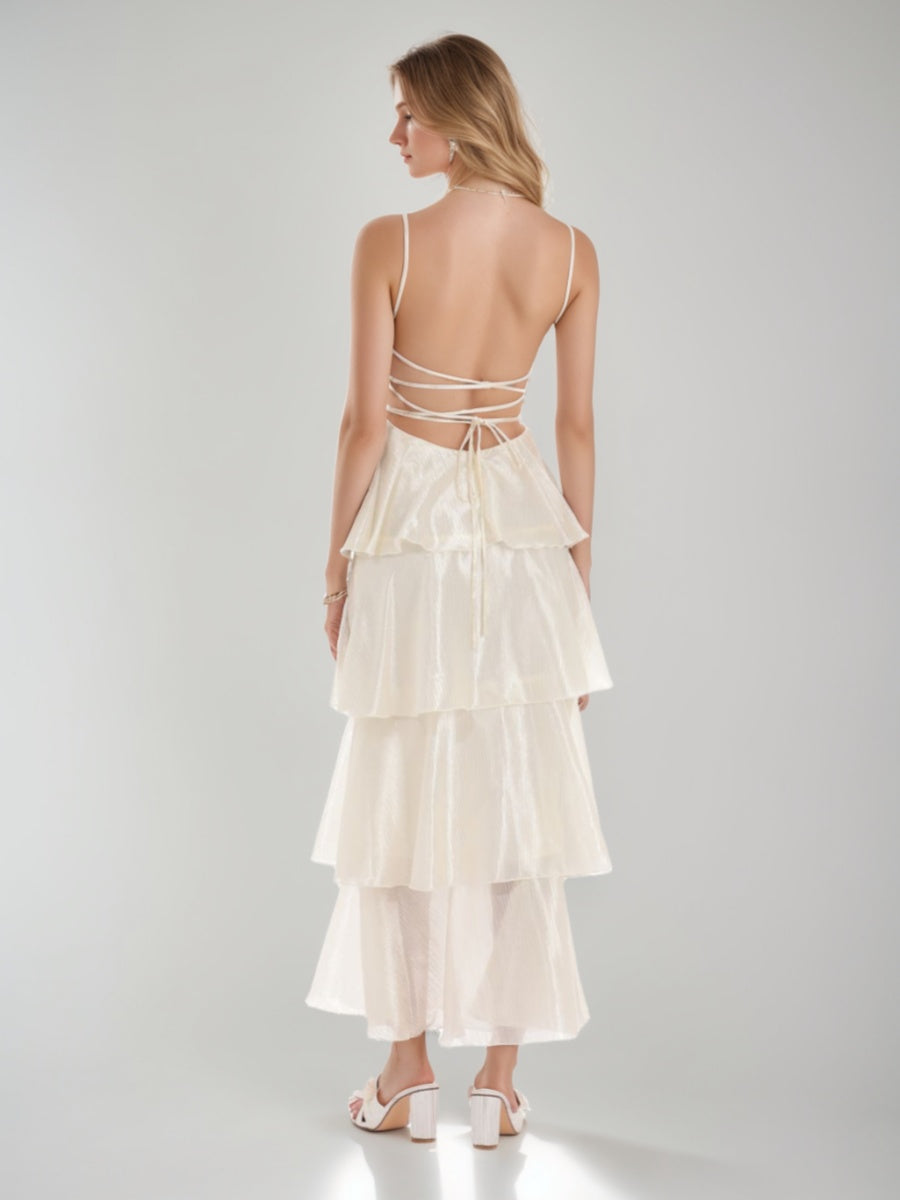 A-Line/Princess Sexy Spaghetti Straps Ankle-Length Prom Dresses with Ruffles & Lace-up Back