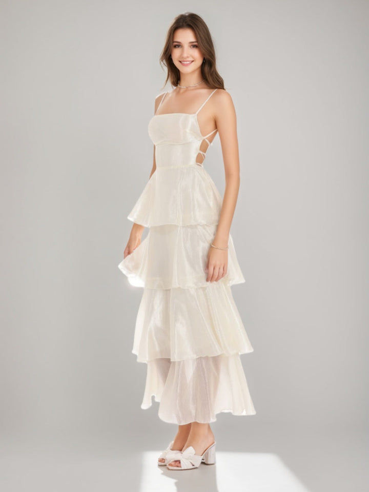 A-Line/Princess Sexy Spaghetti Straps Ankle-Length Prom Dresses with Ruffles & Lace-up Back