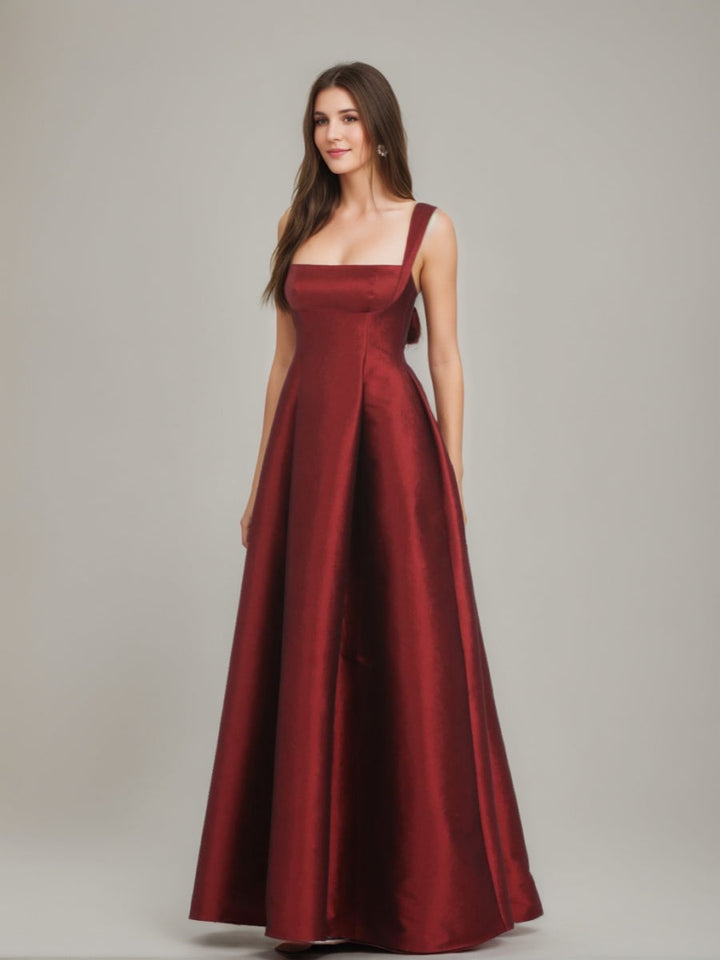 A-Line/Princess Square Neckline Floor-length Prom Dresses with Bowknot