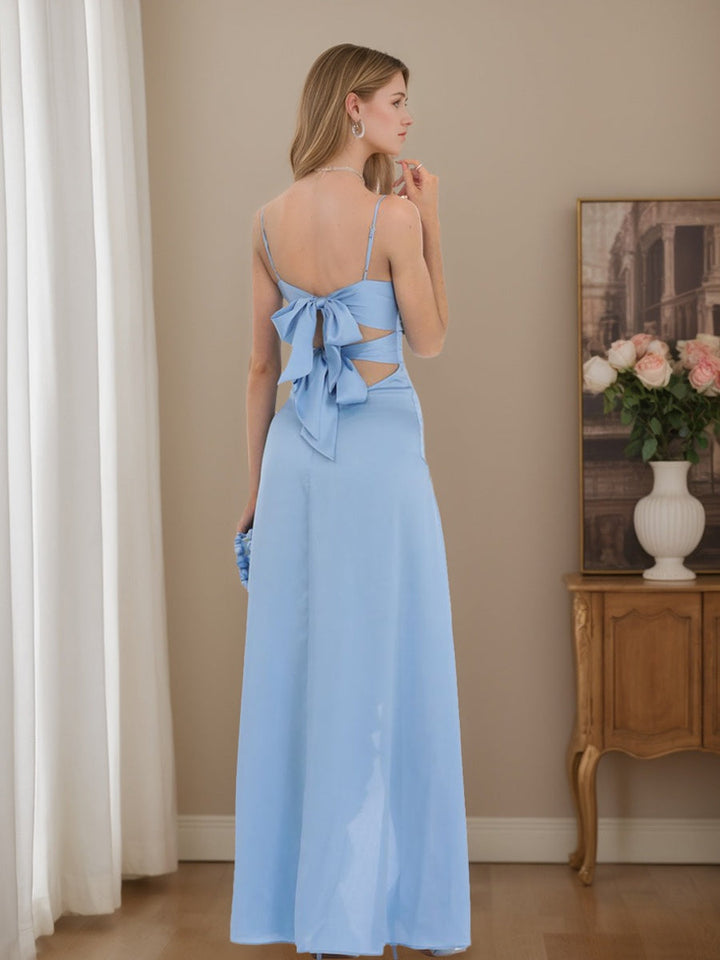 Sheath/Column Spaghetti Straps Ruched Prom Dresses with High Side Slit & Bowknot & Ruffles