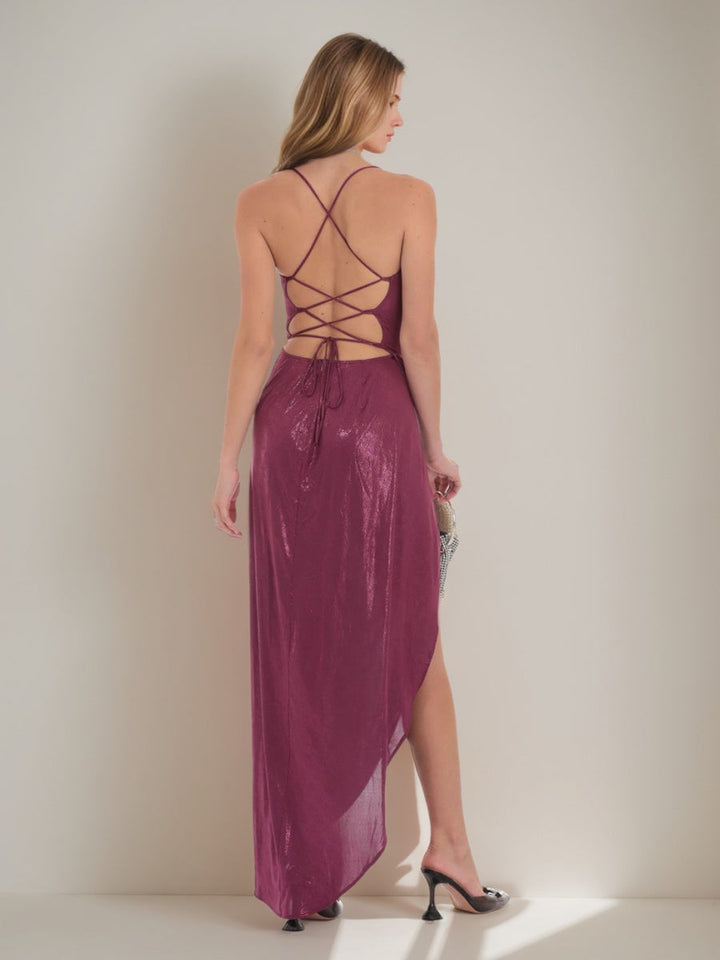 Sheath/Column Spaghetti Straps Ruched Asymmetrical Prom Dresses with Criss-cross Lace-up