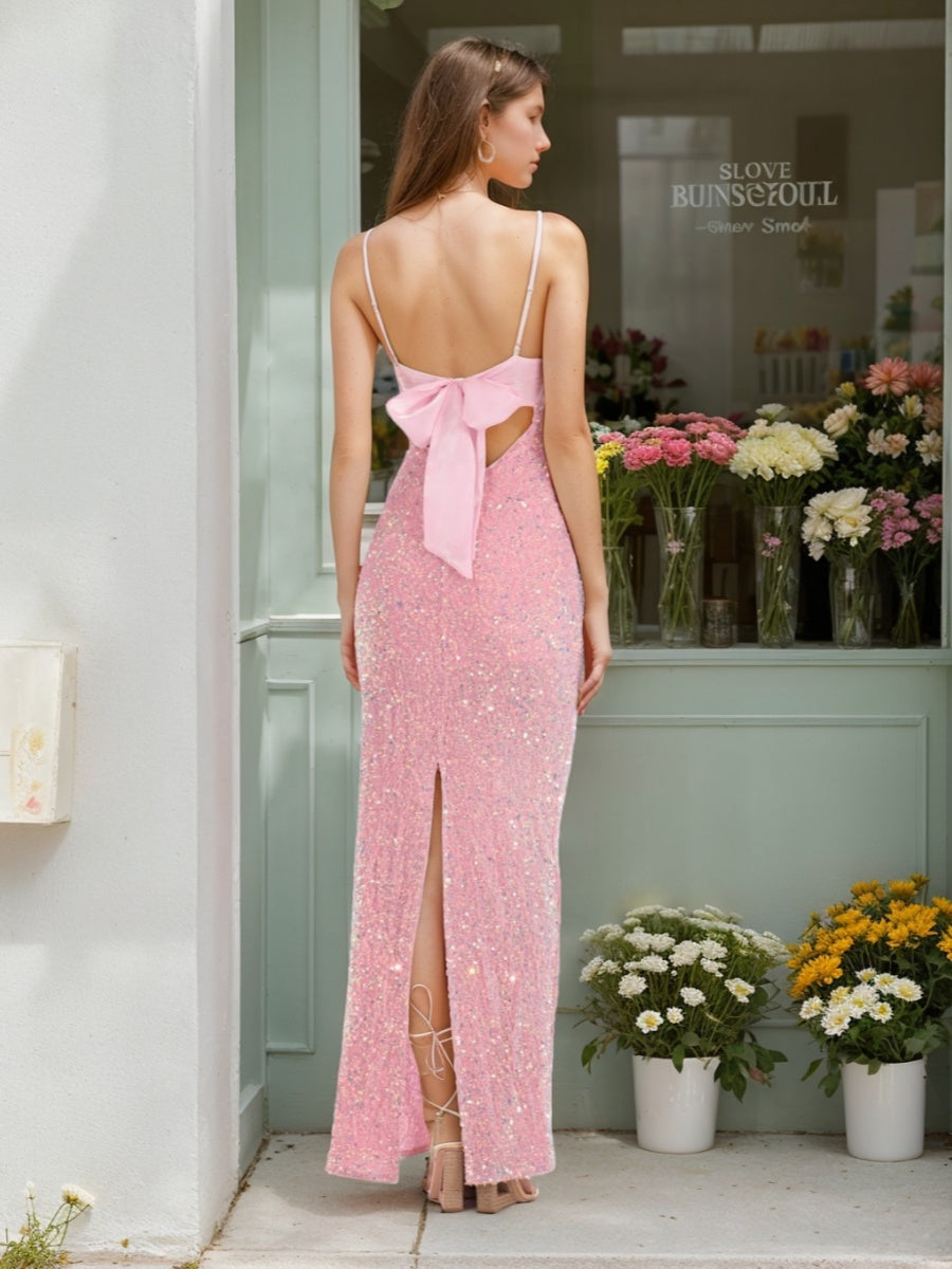 Sheath/Column Spaghetti Straps Sequined Prom Dresses with Back Bow & Slit
