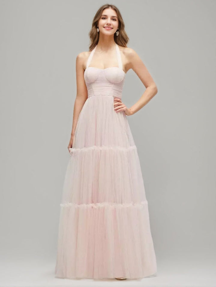 A-line/Princess Halter Sleeveless Ruched Floor-length Prom Dresses with Pleats & Self-tie Bow