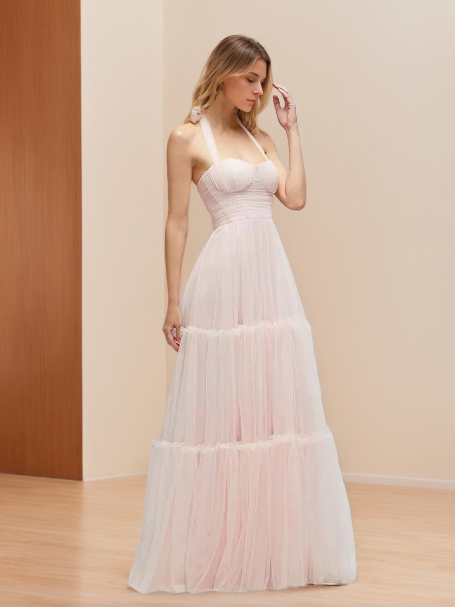 A-line/Princess Halter Sleeveless Ruched Floor-length Prom Dresses with Pleats & Self-tie Bow