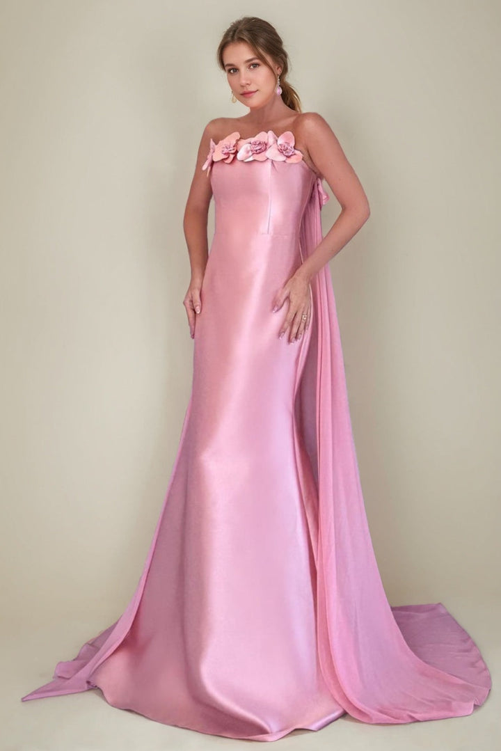 Trumpet/Mermaid Strapless Sleeveless Floor-Length Prom Dresses with 3D Flowers & Watteau Train & Ruffles