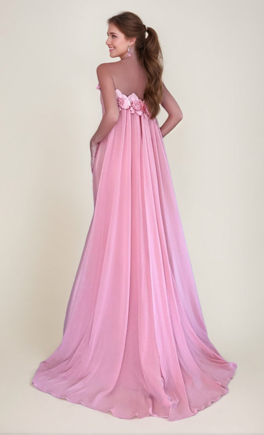 Trumpet/Mermaid Strapless Sleeveless Floor-Length Prom Dresses with 3D Flowers & Watteau Train & Ruffles