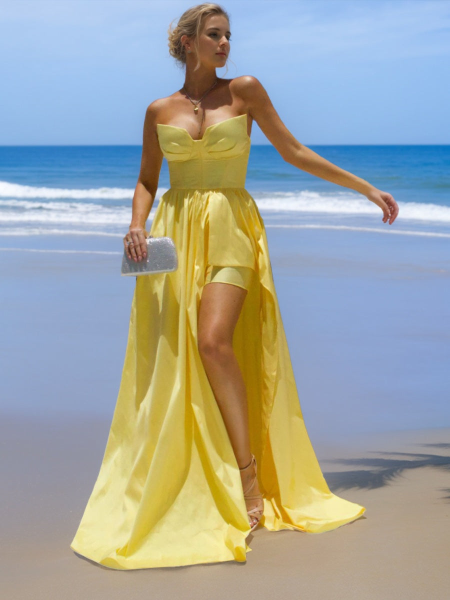 A-line/Princess Strapless Sleeveless Ruched Asymmetrical Prom Dresses