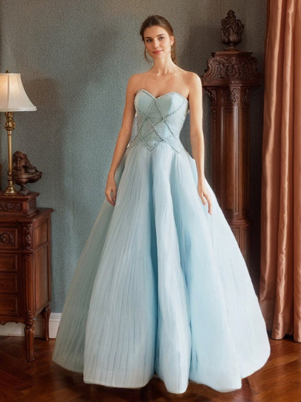 Ball Gown Sweetheart Sleeveless Floor-Length Prom Dresses with Lace-up & Pleats