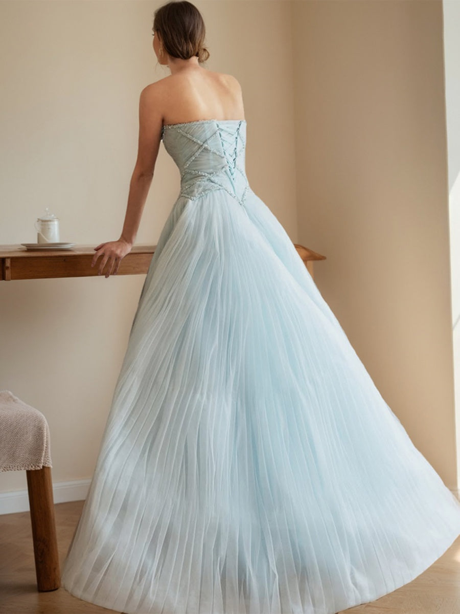 Ball Gown Sweetheart Sleeveless Floor-Length Prom Dresses with Lace-up & Pleats