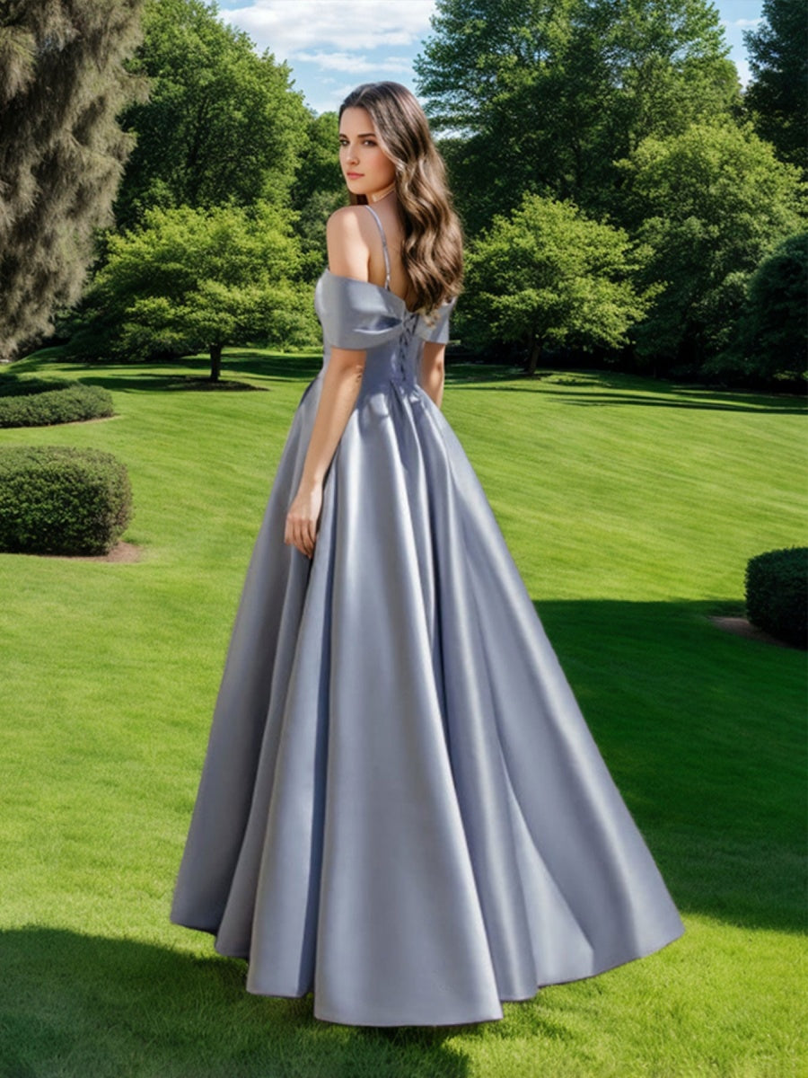 Ball Gown Off-the-shoulder Ruched Floor-Length Prom Dresses with Pleats & Sequins & Lace-up