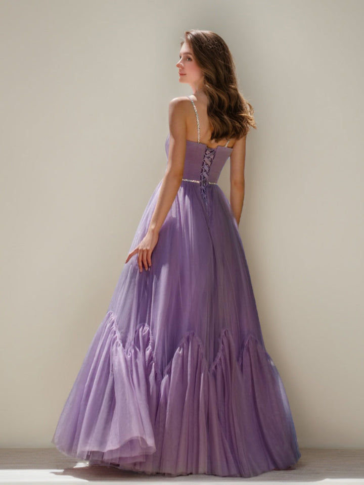 Ball Gown Spaghetti Straps Sleeveless Floor-Length Prom Dresses with Pleats & Sequins & Lace-up